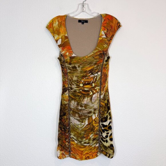 Vintage Y2K Sky Silk Dress Boho Animal Print Chain Detail Bodycon Club Small - Picture 2 of 10